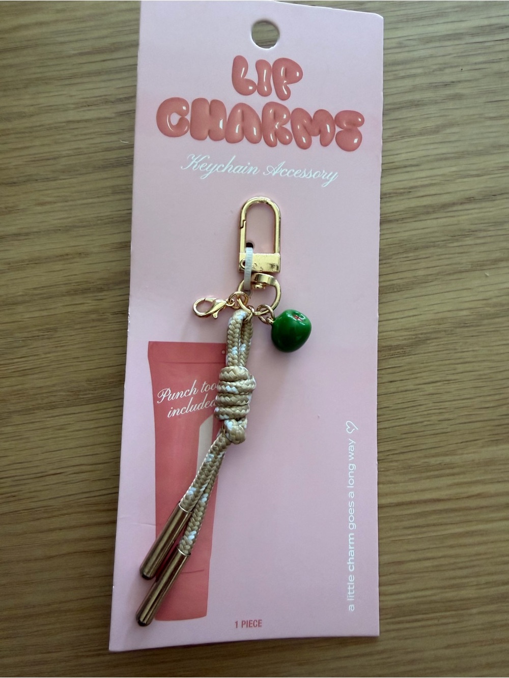 Lip Charm - Beige Rope & Green Charm Keychain Accessory